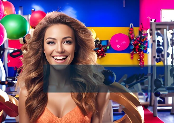 Happy lady in a gym with balloons